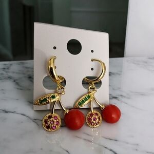 Gold and Red Cherry Earrings